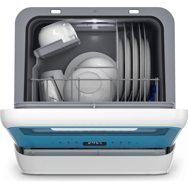 Klarstein Amazonia Mini Geschirrspüler – Kompakte Tischspülmaschine mit Wassertank, 7 Programme, 5L, Digitalanzeige, leise 58dB, tragbar, blau
