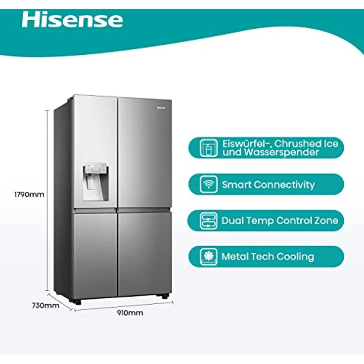 Hisense RS818N4TIE Side-by-Side Kühl-Gefrierkombination /179 cm/Inverter Kompressor/Total NoFrost/Multi Air Flow/Wasserspender mit Wassertank/Kühlteil 417 l/Gefrierteil 215 l/Inox-Look, Edelstahl – Bild 2