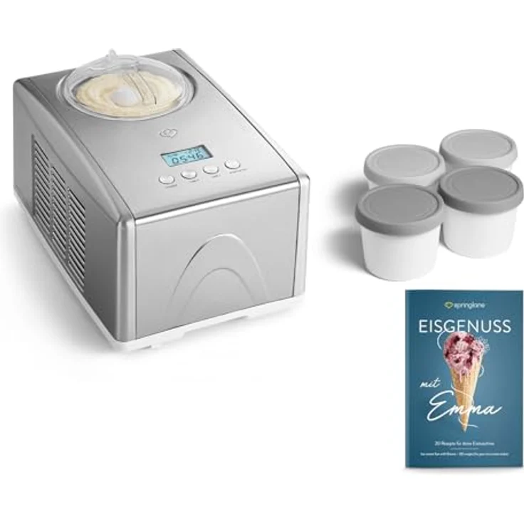 Springlane Kitchen SPRINGLANE Eismaschine Emma 1,5 L mit selbstkühlendem Kompressor 150 W, aus Edelstahl mit entnehmbarem Eisbehälter, inkl. Rezeptheft (Silber, Emma Silber + 4 Eisbehälter Mini Grau) – Bild 1