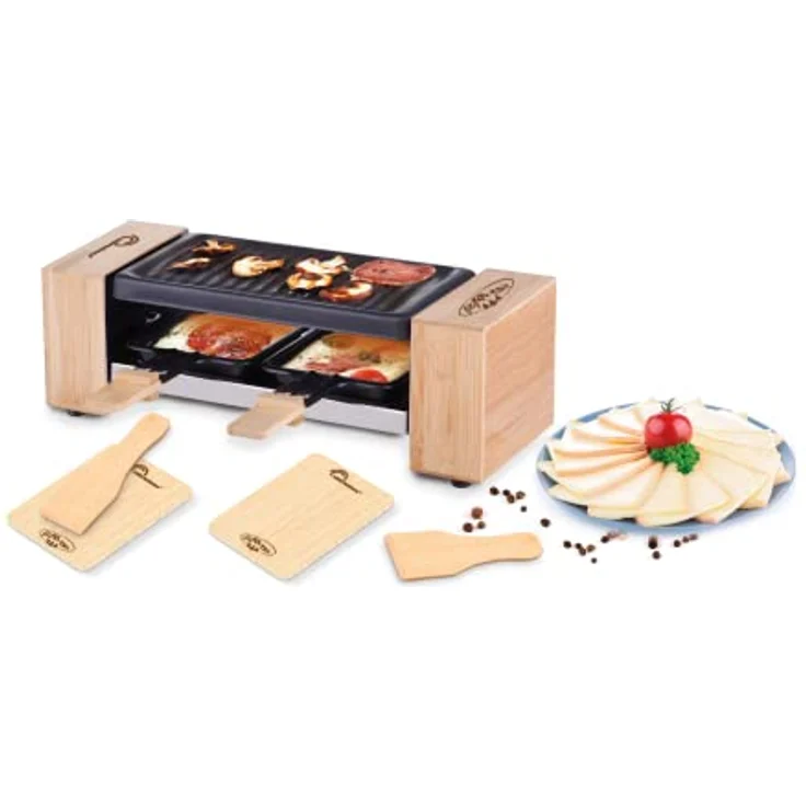 LITTLE BALANCE 8618 Raclette 2 Meuuh…, Raclettegerät für 1 / 2 Personen, abnehmbarer Grill, 2 Spatel + 2 Brettchen, Antihaftbeschichtung, 1 oder 2 Personen, 320 W, Bambus – Bild 3