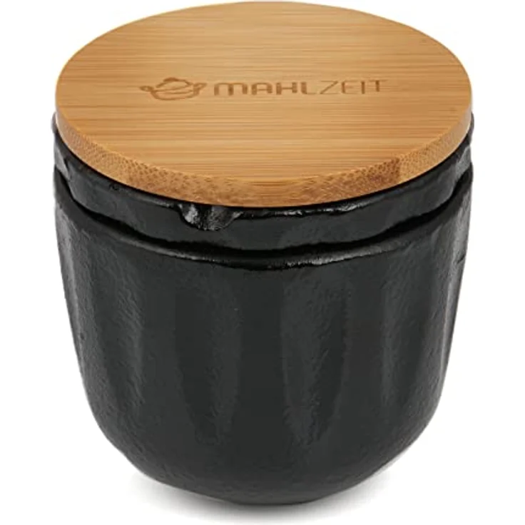 Mahlzeit Gusseisen Pfeffermühle Peppermill | Ø 7,5 x (H) 8 cm | schwarz | Bambusdeckel mit Silikonring | Gewürzmühle Pfeffermörser Kräutermühle Kräutermörser Gewürzreibe Gusseisenmörser – Bild 3