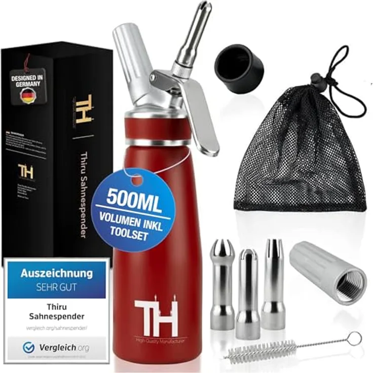 Thiru Sahnespender 500ml, inkl. Toolbox, 3 Edelstahl Tüllen, eBook mit 50 Rezepten, rot, für Schlagsahne, Espuma & warme Speisen, note "sehr gut"