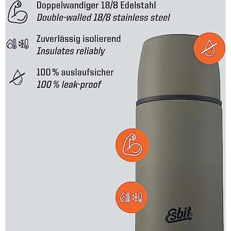 Esbit Isolierflasche | Edelstahl | BPA-Frei | Schwarz, Oliv, Weiß | 1L & mehr | Reise, Outdoor, Angeln | Tee, Kaffee – Bild 3