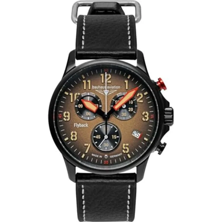 Bauhaus Herrenuhr Aviation Chronograph GMT Schwarz/Braun 2886-1, Lederarmband, Schweizer Quarzwerk