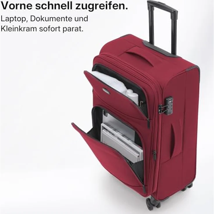 Münicase XL Stoffkoffer, erweiterbar mit 15% Extra-Volumen, TSA-Schloss, 360° Doppelrollen, verdecktem Namensschild und Frontfächern (Weinrot, 79 cm) – Bild 2