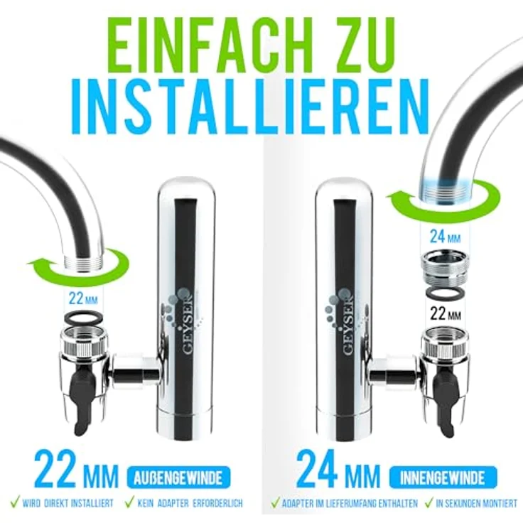 GEYSER EURO Wasserfilter für Wasserhahn Zuhause Küche, Wasserhahn-Filtersystem mit Filterkartusche aus Aragon, entfernt Chlor, Blei und Mikroplastik – Bild 3
