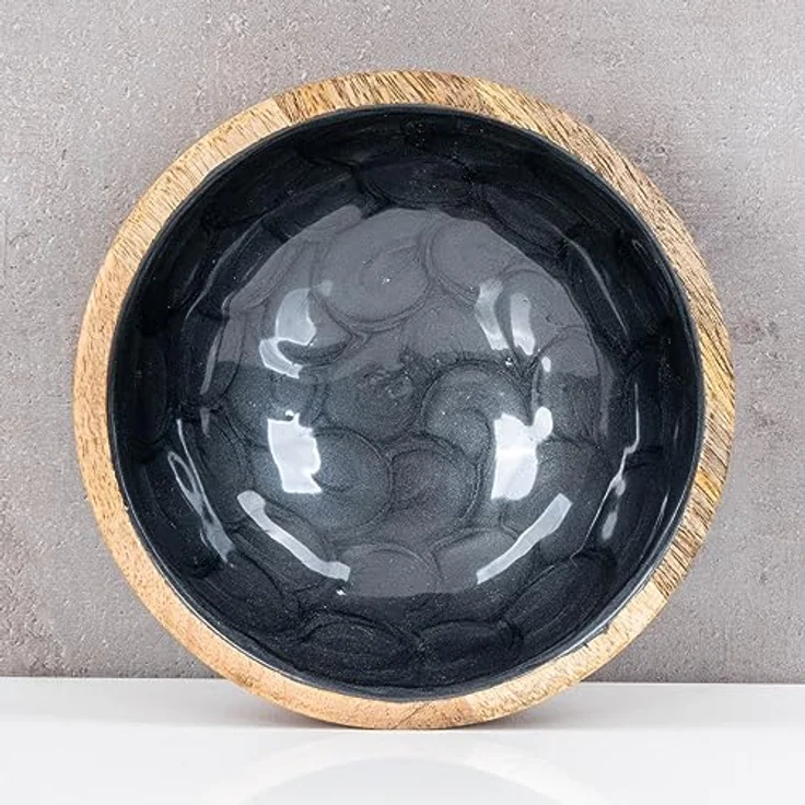 levandeo Schüssel 15cm Mango Holz Grau Perlmutt Emaille Salatschüssel Unikat rustikal modern – Bild 5