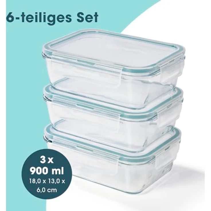 GOURMETmaxx Glas-Frischhaltedosen Klick-it, 900 ml, temperaturbeständig von -20 bis +330 °C, spülmaschinengeeignet, 3er Set – Bild 6