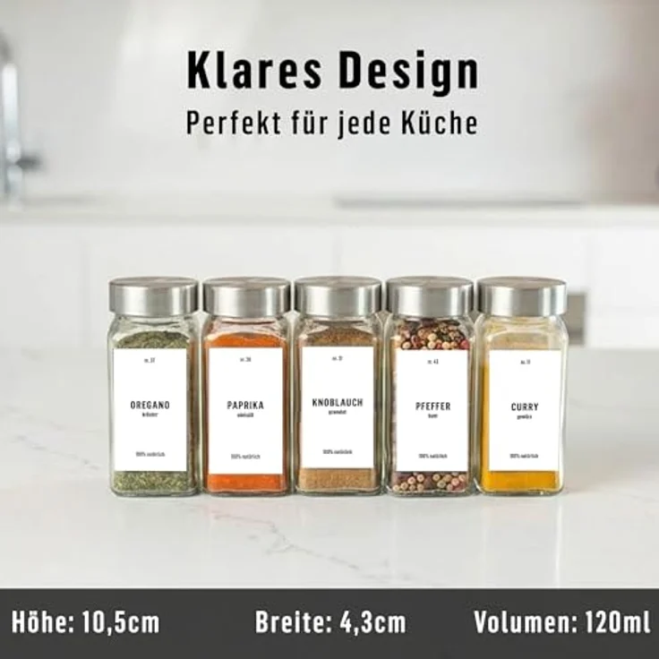 Deco haus® Gewürzgläser eckig, 36er Set aus Glas mit luftdichtem Edelstahlverschluss, inkl. Etiketten & Streueinsatz, lebensmittelecht, vielseitig einsetzbar – Bild 2