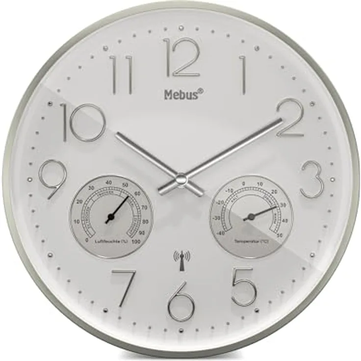 Mebus Funk-Wanduhr mit Thermo- und Hygrometer, lautlos, silberner Rahmen, weiß, Modell 12989 - Präzision und Komfort