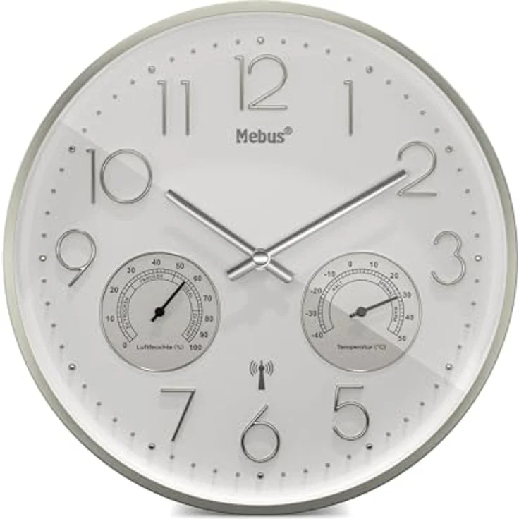 Mebus Funk-Wanduhr mit Thermo- und Hygrometer, lautlos, silberner Rahmen, weiß, Modell 12989 - Präzision und Komfort – Bild 1