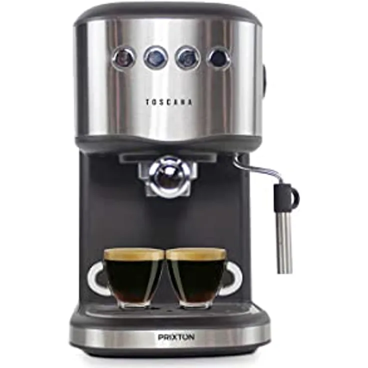 PRIXTON Toscana-Kaffeemaschine, halbautomatisch, für Kaffeekapseln und gemahlenen Kaffee, 20 Bar Druck, schwarz Edelstahl, 1,25 Liter Wassertank, mit Dampfdüse für Milchaufschäumung