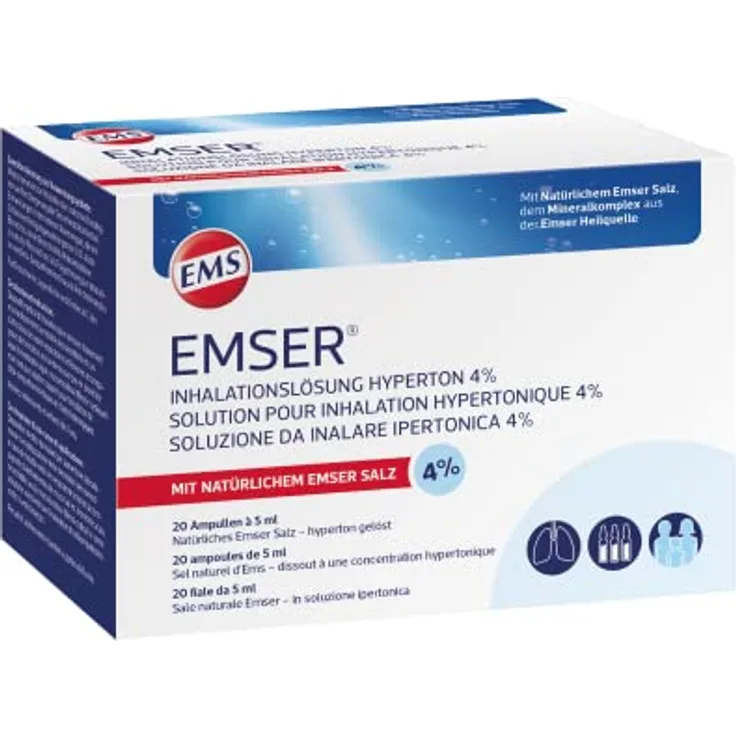 EMSER Inhalationslösung hyperton 4%: Lösung mit Natürlichem Emser Salz zum Inhalieren mit Verneblergeräten z.B. bei Bronchitis, 20 gebrauchsfertige Ampullen á 5 ml