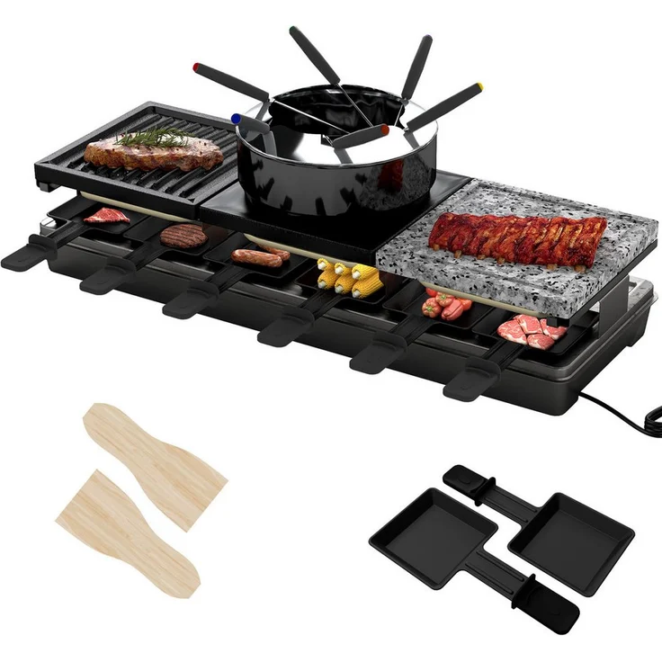 FIVMEN Raclette Grill Tischgrill mit Antihaftbeschichteter Grillplatte, 1600W für bis zu 12 Personen, Edelstahl und Naturgranitplatte