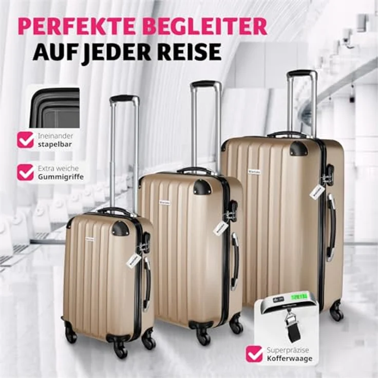 tectake® 3er Kofferset - ABS Hartschalenkoffer Set mit Teleskopgriff & Zahlenschloss, Champagner – Bild 4