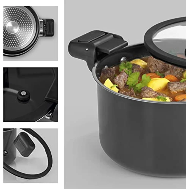 N8WERK Aluguss-Energiespartopf 5,8 L | Wärmeabweisende Griffe, Glasdeckel mit Silikonumrandung | Innen antihaftbeschichtet, außen hitzebeständig | Für alle Herdarten geeignet, auch Induktion – Bild 3