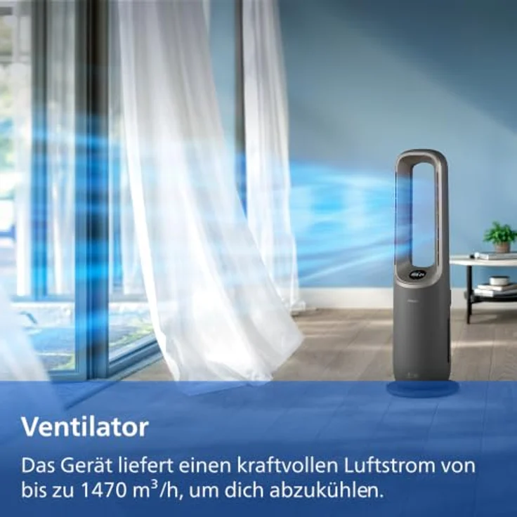 Philips AMF970/10, 4-in-1 Luftreiniger, Ventilator, Heizlüfter, Luftbefeuchter, 2200 Watt, 48 m², 3-Schichten-HEPA-Filtersystem, Anthrazitgrau/Aschgold – Bild 9