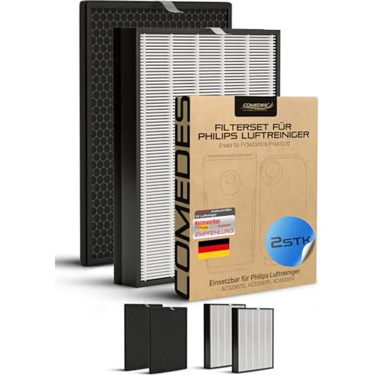 Comedes Filter-Set für Philips Luftreiniger AC3256/10, AC3259/10 und AC4550/10, 4-teiliges Set mit HEPA-Element und Aktivkohlefilter