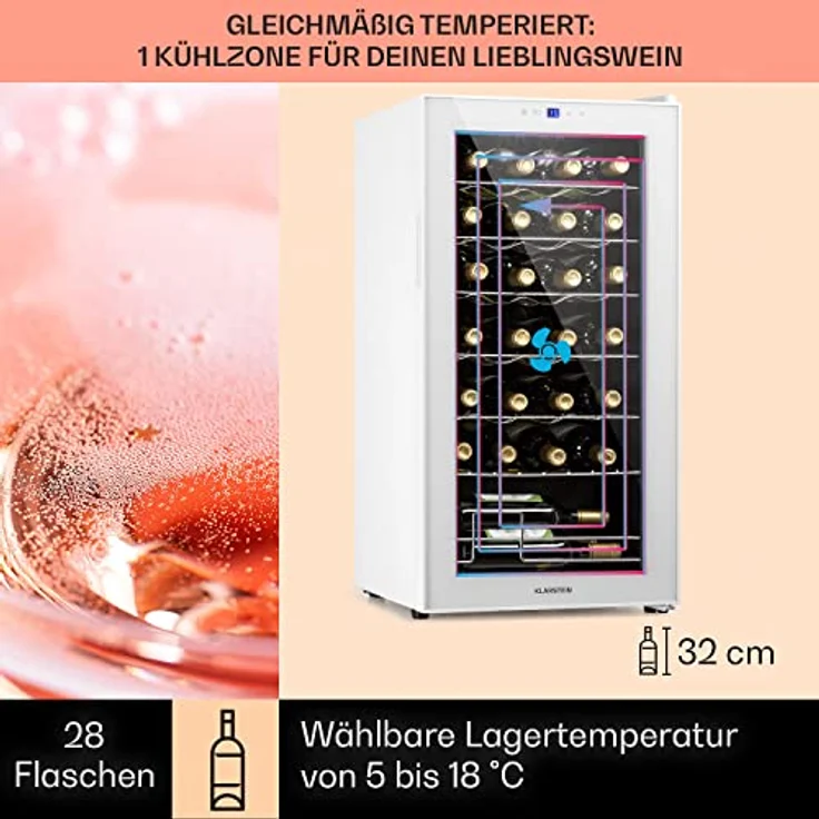 Klarstein Shiraz 28 Uno Weinkühlschrank, freistehend, weiß, 28 Flaschen, Touch-Bedienfeld, 5 - 18 °C, Energieklasse G – Bild 4