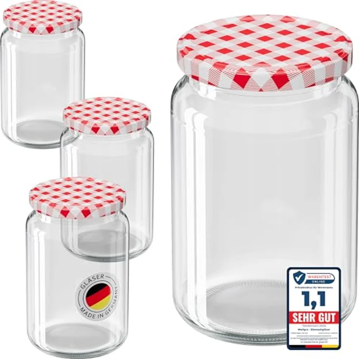 WELLGRO Einmachgläser TO 82, luftdichte Rundgläser mit Schraubdeckel, rot kariert, 635ml, 12 Stück, Made in Germany – Bild 1