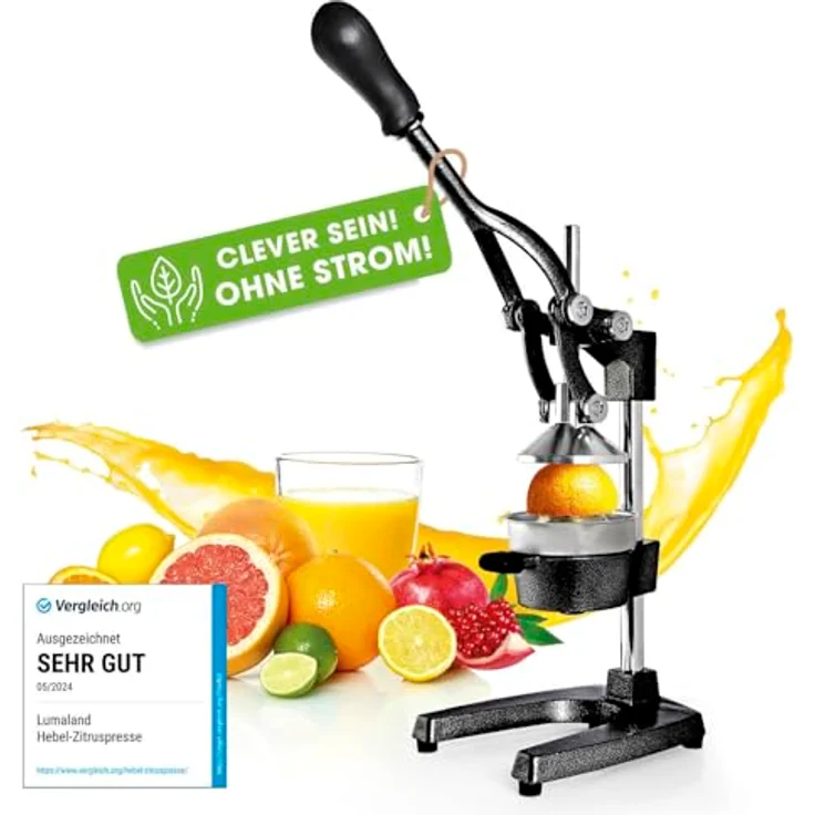 Lumaland Entsafter | Gusseisen Handpresse – müheloses Entsaften von Zitrusfrüchten | Leise Orangenpresse für Gemüse und Obst | Slow Juicer – pflegeleicht | Schwarz – Bild 1