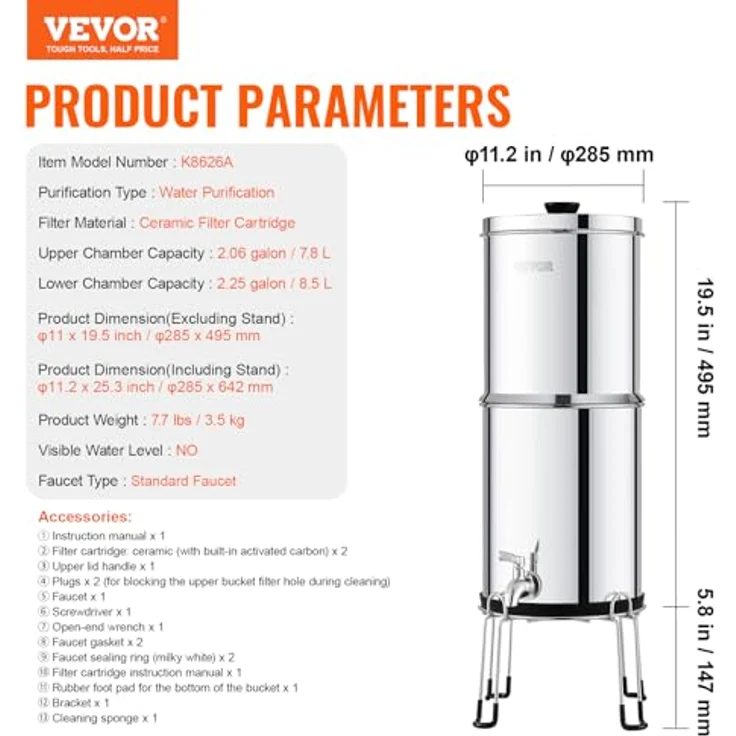 VEVOR Schwerkraft Wasserfiltersystem Edelstahl, 7,8+8,5 L, reduziert Blei und 99 % Chlor, mit 2 Keramik-Kohlefiltern und Zapfhahn – Bild 7