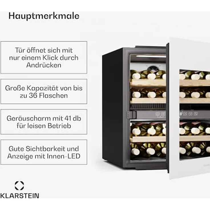 Klarstein Rhone 36 Duo Weinkühlschrank, 36 Flaschen, 2 Zonen, 5-22°C, LED-Steuerung, UV-Schutz, leiser Betrieb, Schwarz – Bild 2