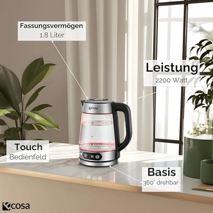 Ecosa® Glas Wasserkocher mit Temperatureinstellung, 1,8 Liter, 2.200 Watt, Edelstahl, LED-Beleuchtung, Warmhaltefunktion, Memory-Funktion, 100% BPA-frei – Bild 3