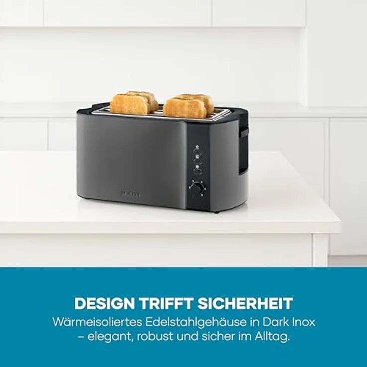 Severin AT 9341 Langschlitz-Toaster, 4-Scheiben Toaster mit 1400 Watt, Schwarz und Edelstahl, Auftaufunktion und Brötchenaufsatz – Bild 9
