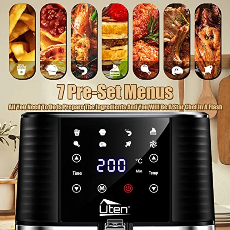 Heißluftfritteuse, Uten 5,5L Airfryer XXL Heissluftfriteuse mit digitalem LED-Touchscreen, 7 Programms, 32 Rezepte, Vorheizen&Warmhalten, Edelstahl Antihaftkorb, ohne Fett, 1700W – Bild 2