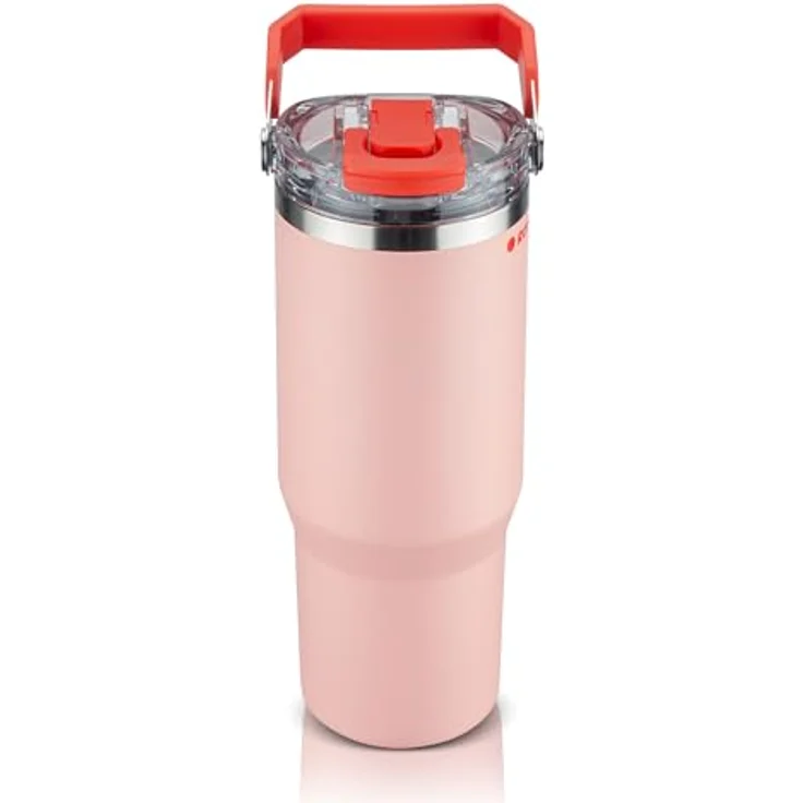 ROTPUNKT Thermobecher Edelstahl 500 ml, auslaufsicherer Isolierbecher mit Strohhalm & Click & Go Öffnung, BPA-frei, klappbarer Tragegriff, coral – Bild 2