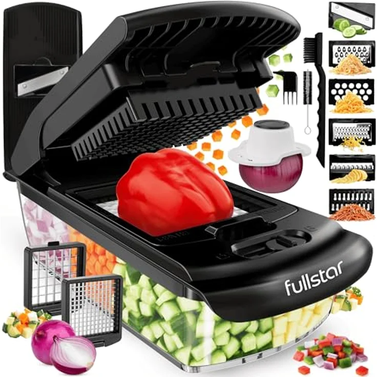 fullstar Gemüseschneider Mandoline 8-in-1 PRO, schwarzer Zerkleinerer mit rostbeständigen Klingen und integrierter Auffangschale, spülmaschinenfest – Bild 1
