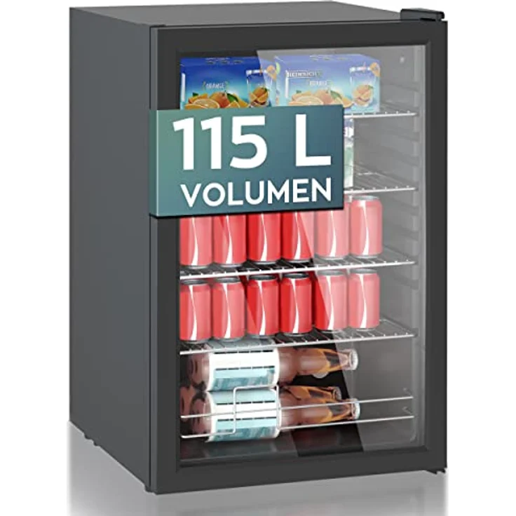 Heinrich´s Getränkekühlschrank, Mini Kühlschrank mit Glastür, 115 Liter, 5 bis 18°C, 4 Ablagen, 41dB, LED-Innenbeleuchtung, schwarzes Design, ideal für Büro und Camping – Bild 1