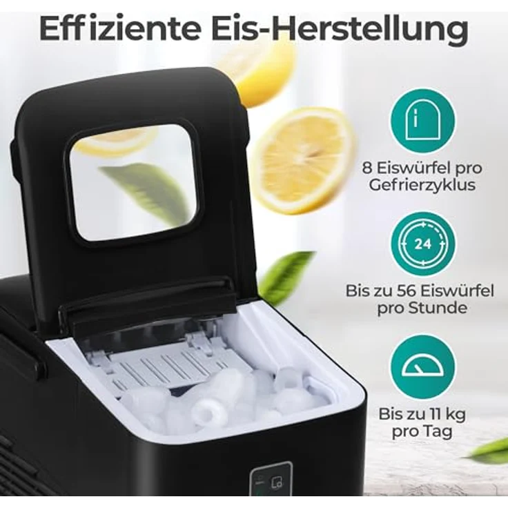 KLAMER Eiswürfelmaschine klein 2025, 8 Eiswürfel in 8 Minuten, 11 kg Eis pro Tag, 2 Eiswürfelgrößen, 1 L Wassertank, geräuscharm mit Tragegriff und Eisschaufel – Bild 4