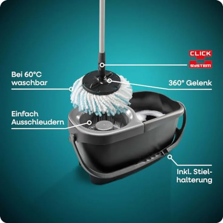 Leifheit Bodenwischer-Set CLEAN TWIST Disc Mop Ergo Black, 4-teilig, mit Auswringen im Stehen, dosierbarer Feuchtigkeit und Teleskopstiel 109-140 cm – Bild 2