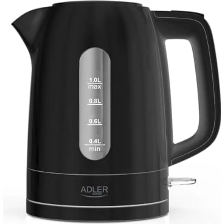 ADLER EUROPE Wasserkocher AD 1380b, 1,0 L, 2200W, Schwarz, Edelstahl-Heizelement, Trockengehschutz, 360°-Sockel