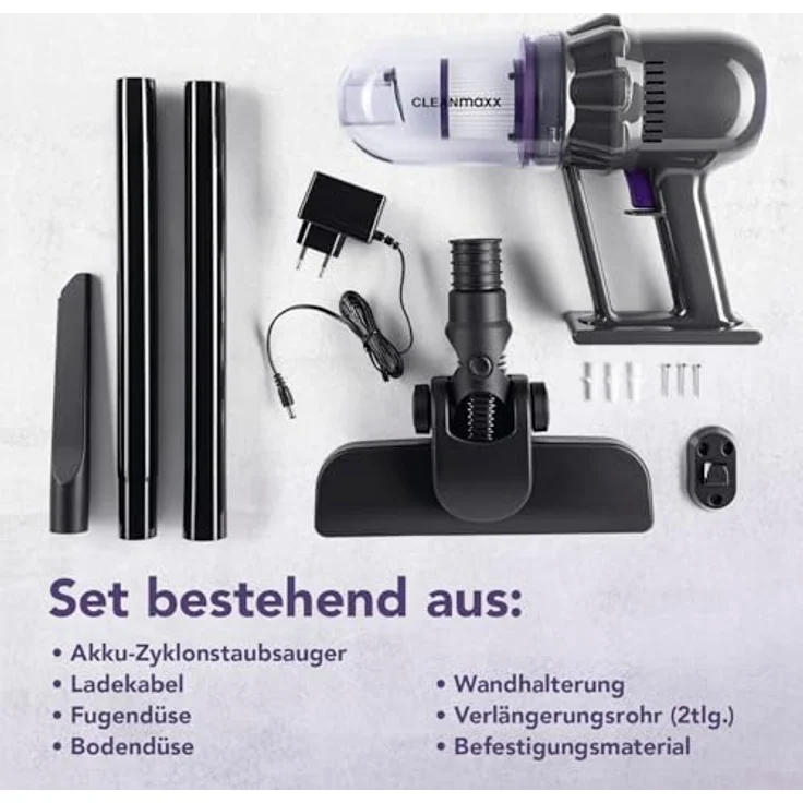 CLEANmaxx Akku-Staubsauger 2in1, kabellos, Hand- & Bodensauger mit 10 kPa Saugleistung, inkl. 2 Düsen und Wandhalterung – Bild 9