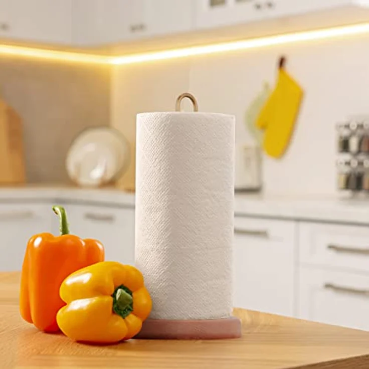 relaxdays Küchenrollenhalter aus Holz & Messing, freistehender Küchenpapierständer in Natur und Gold, sicherer Stand und dekorativer Materialmix – Bild 5
