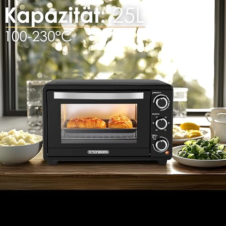 Steinborg Mini Backofen mit Umluft 25 Liter Elektrischer Pizzaofen Minibackofen Miniofen 3in1 Backofen Krümelblech Ober-/Unterhitze Energiesparend 100-230°C 60 Min Timer – Bild 2