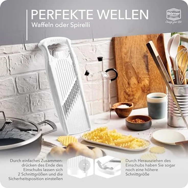 Börner Gemüseschneider Welle-Waffel PowerLine, vielseitiger Kartoffelschneider mit 3 Schnittstärken und integrierter Kindersicherung – Bild 6