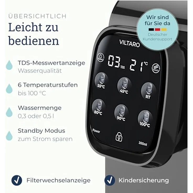 VILTARO® Osmoseanlage Trinkwasser [schwarz, 5-stufiges Filtersystem, 6 Temperaturstufen, mobil ohne Wasseranschluss] | Umkehrosmoseanlage | Osmose Wasserfilter | Kalkfilter | Trinkwasserfilter – Bild 5