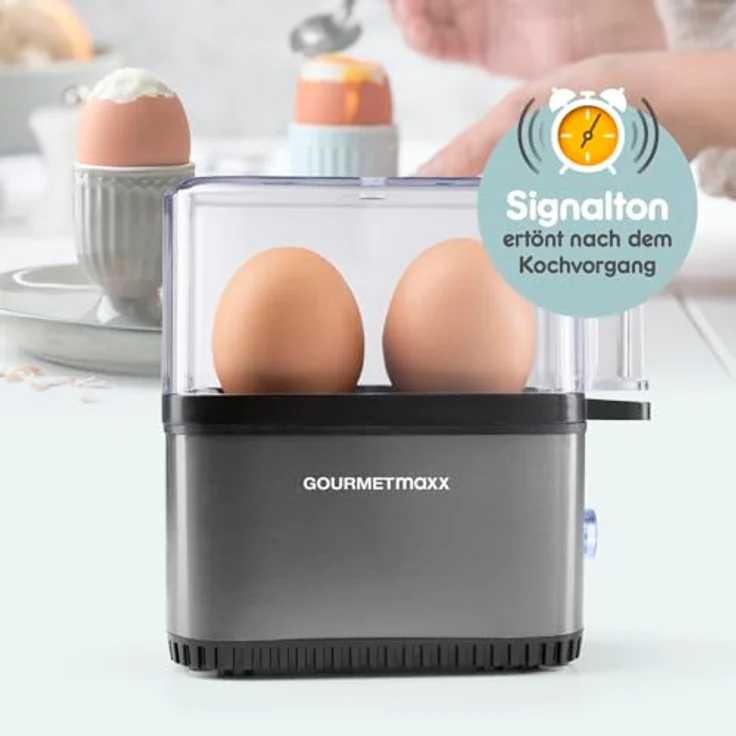 GOURMETmaxx Eierkocher Anthrazit für 2 Eier, Egg Boiler mit Eierstecher, 3 Härtegrade, spülmaschinenfeste Teile, kompakt und platzsparend – Bild 3