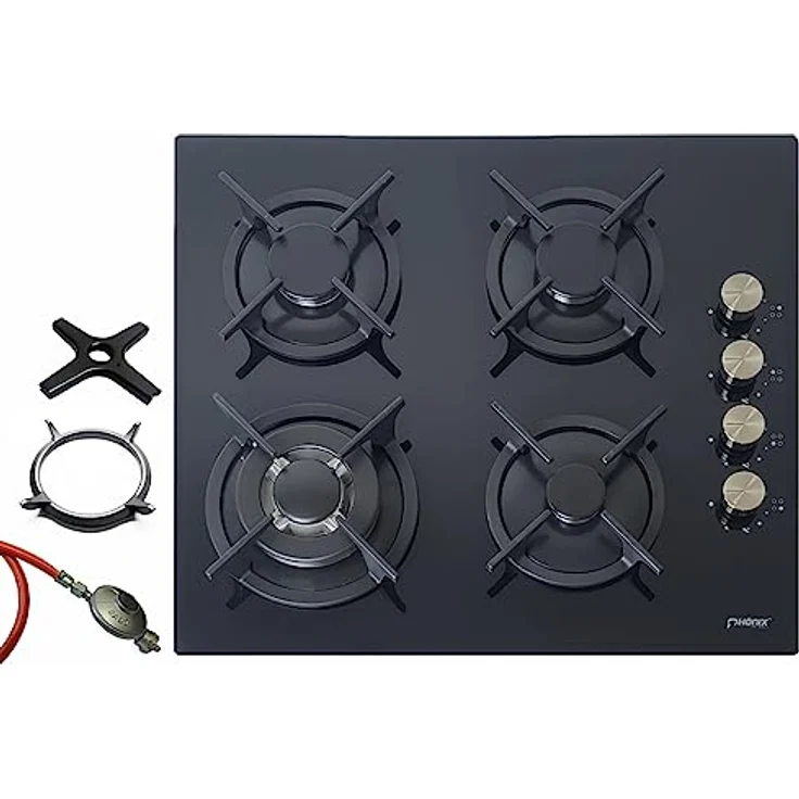 Phönix PG-604ST Gaskochfeld 4 flammig Glas Gaskocher Einbauherd + Gasschlauch-Regler-Set + WOK-Aufsatz + Herdkreuz – Bild 1