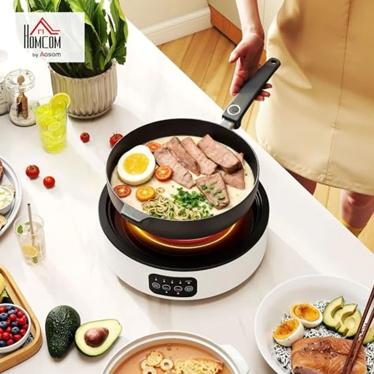 HOMCOM Infrarot-Einzelkochplatte Glaskeramikkochfeld mit Grillplatte, 2000 W, 36 cm, LED-Touch-Steuerung, 4 Heizstufen, Fettauffangschale, für alle Töpfe – Bild 2