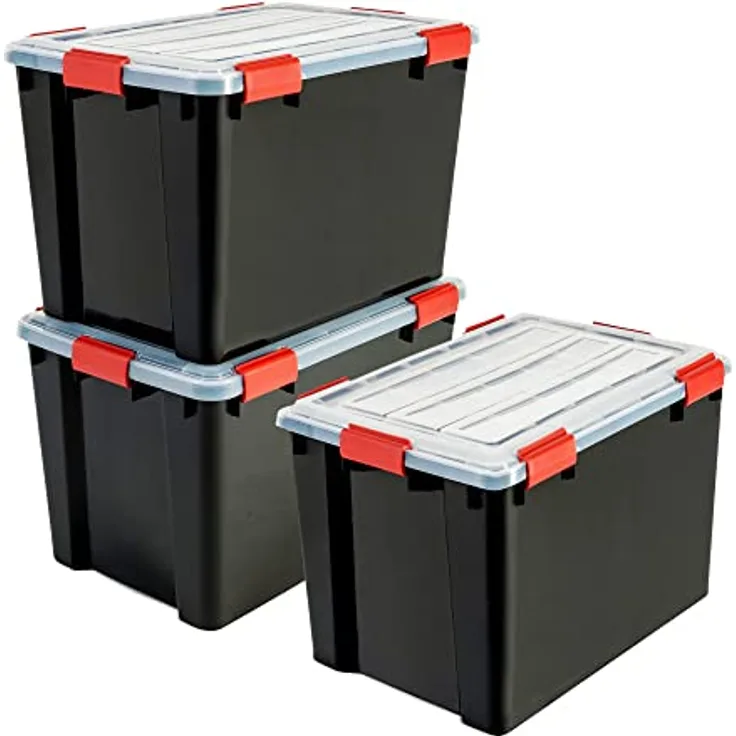 Iris Ohyama, Luftdichte Kunststoffbox mit Deckel und Verschlussklammern, 70L, 3er-Set, BPA-frei, Dachboden, Schuppen, Garage, DDAT-LD, Schwarz