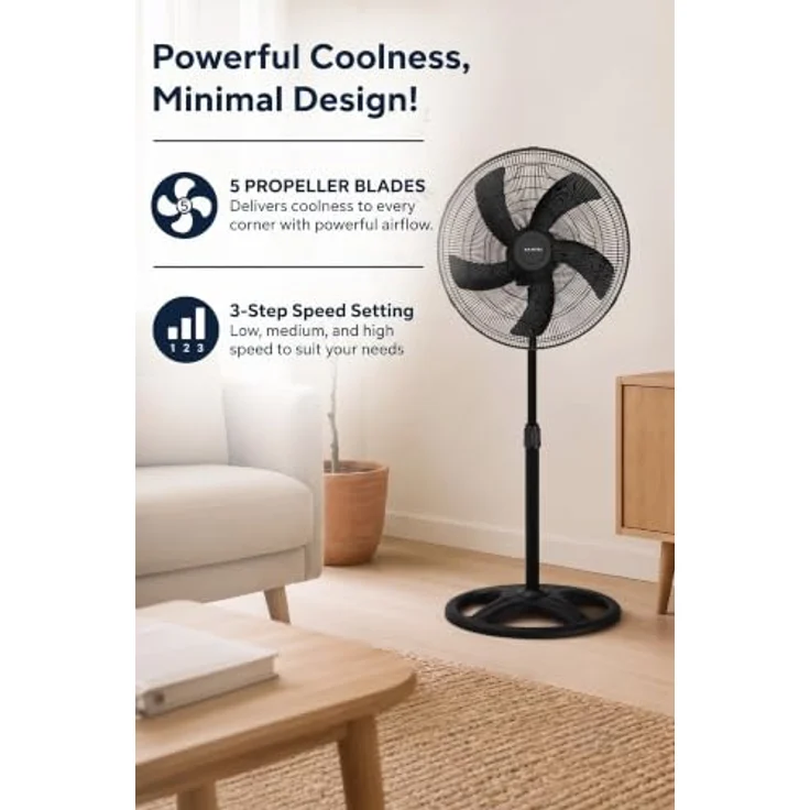KUMTEL Standventilator 50 cm, 60 W, höhenverstellbar, 3 Geschwindigkeitsstufen, 70° Oszillation, schwarz – Bild 8
