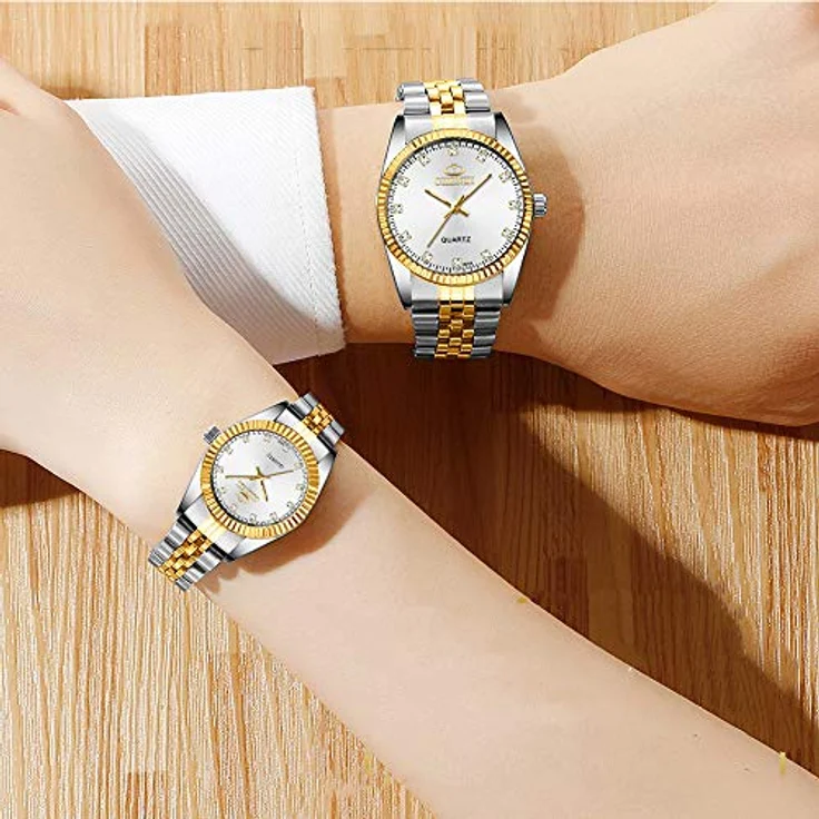 JewelryWe 2pcs Paar Uhr Analog Quarz mit Kalender, 30M Wasserdicht, Edelstahl Armband, Herren Damen Uhr mit Silber Strass Zifferblatt – Bild 2