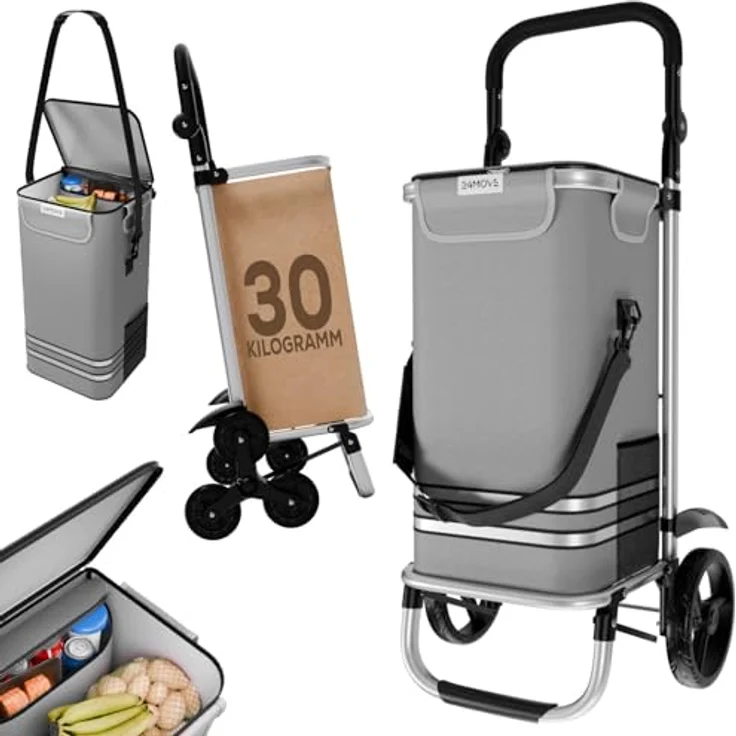 24MOVE® Einkaufstrolley Vehlo, klappbar mit 55L Kühlfach, faltbarer 3in1 Trolley - Sackkarre und Tasche, grau, bis 30kg belastbar – Bild 1