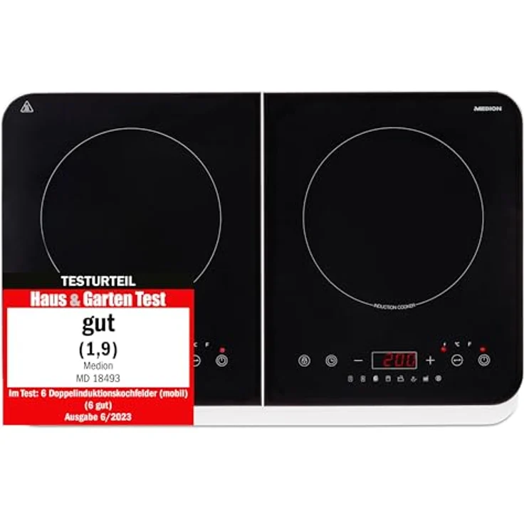 MEDION Doppel-Induktionskochplatte, 3500 Watt, Zwei Kochplatten, 10 Temperaturstufen, LED Display, MD18493, schwarz – Bild 1
