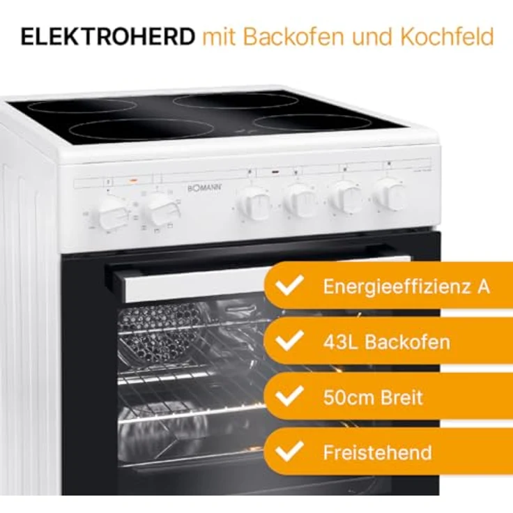 Bomann® Elektroherd EHC 7939 | Freistehender Backofen 50cm mit 4 Kochplatten | 43L Standherd mit Ober-/Unterhitze | Inkl. Blech & Grillrost | 40°C-240°C, Silber – Bild 2